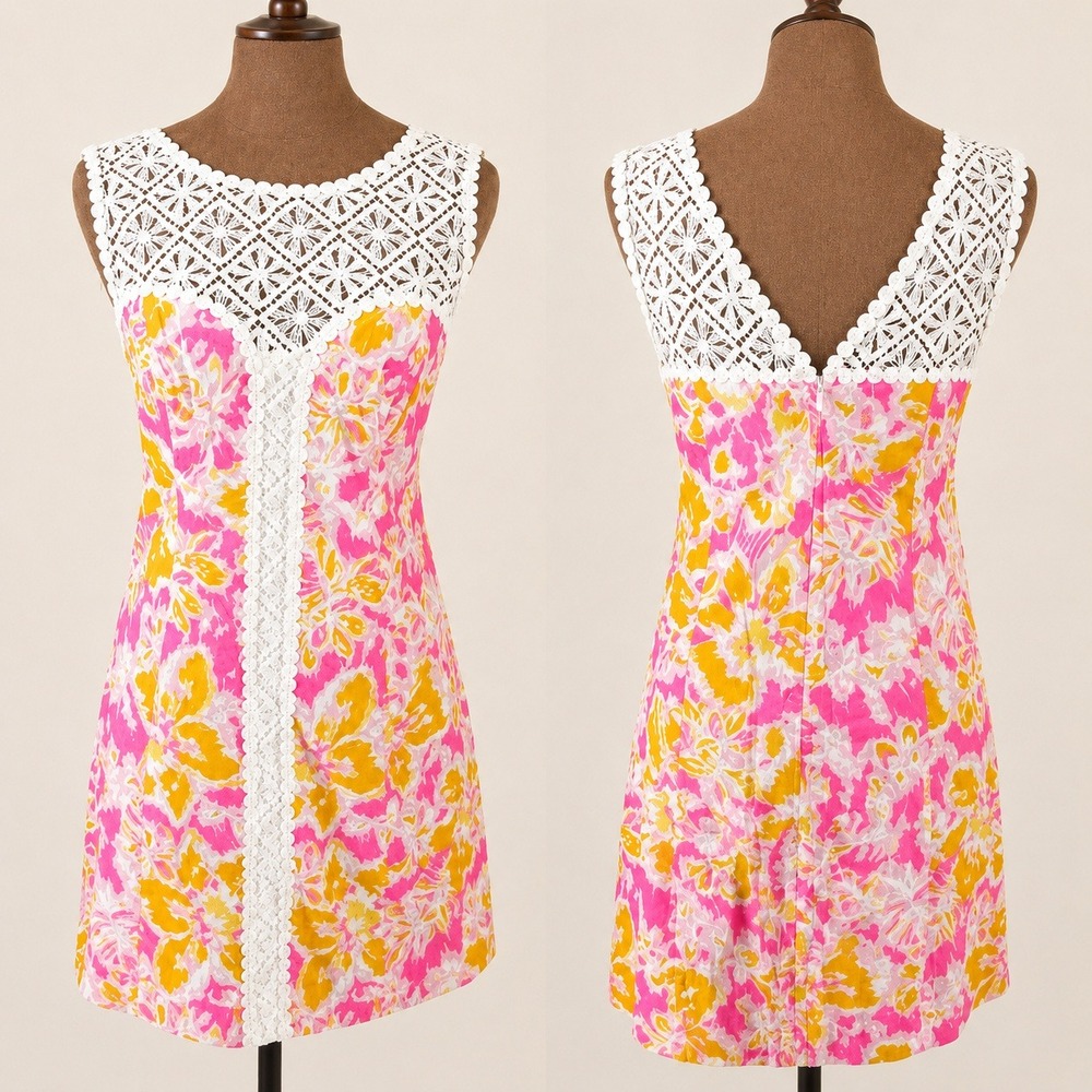 Lilly Pulitzer Neon Shift Dress Resortcore Pink Yellow Lace Trim Women 0 EUC Fun